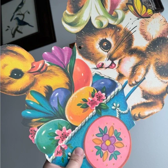 Vintage Easter Bunny Chick Egg Basket Die Cut USA Made Holiday Wall Ephemera - Picture 8 of 15